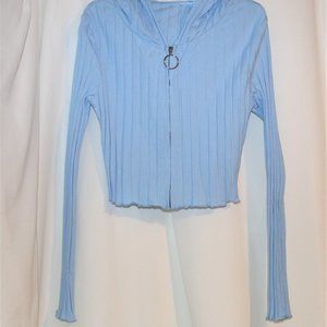 Womans XSmall 100% Cotton Hooded Rib Knit Top Long Sleeve Crop Light Blue Jacket